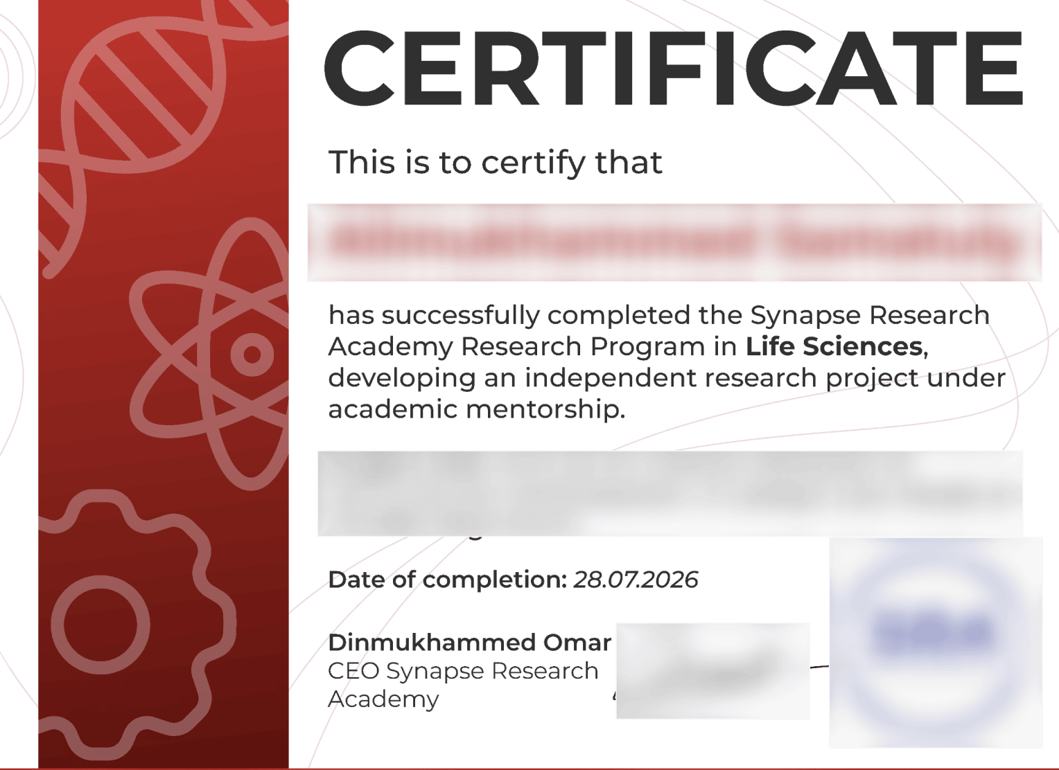 Образец сертификата Synapse Research Academy